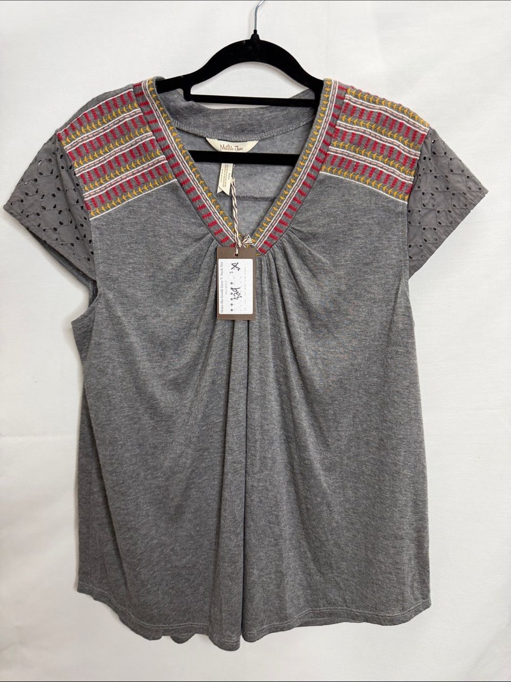 Matilda Jane Gray V-Neck Tee with Pink and Yellow Embroidery